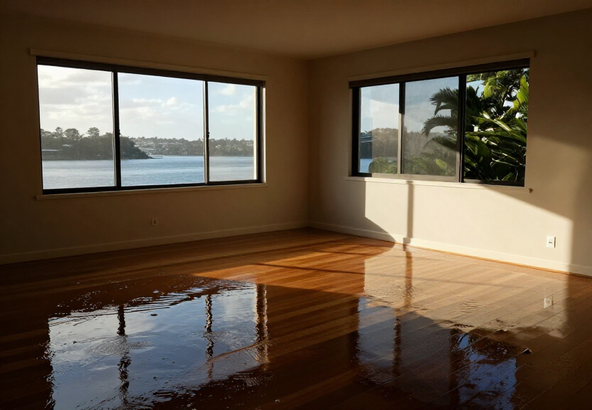 Flood-damaged living room in Moore Park before restoration